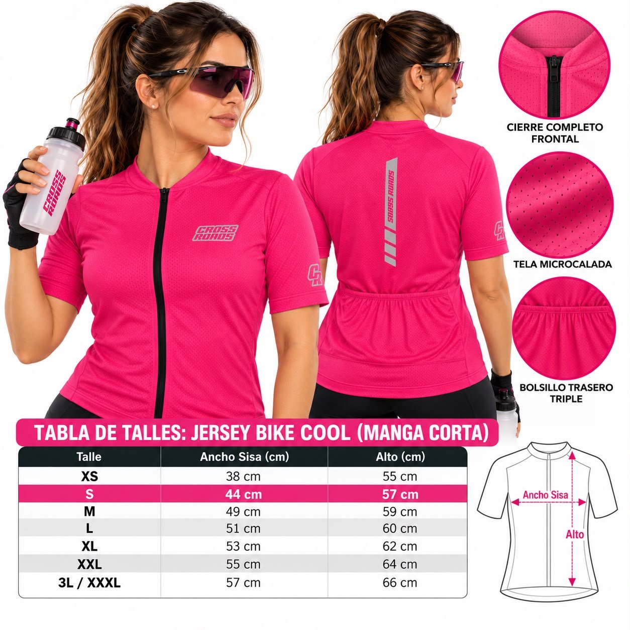 REMERA CORTA JERSEY BICI COOL UNISEX FUCSIA BOREAL TALLE S CROSS ROAD - Imagen 3